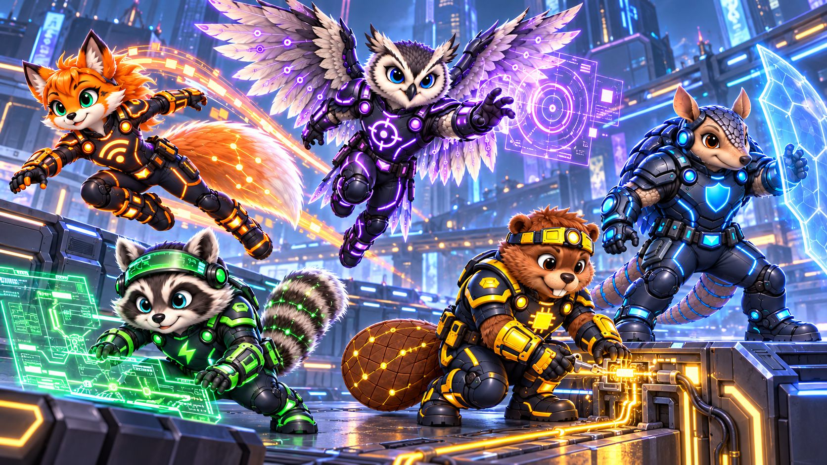 The five ByteTails in action in a glowing digital city: Packet the orange fox leaping, Cypher the purple owl flying, Glitch the green raccoon crouching at a holographic screen, Patch the yellow beaver working on a cable, and Locke the blue armadillo raising a shield.