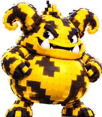 A Bugbit: a round yellow and black pixel creature with curled horns and tusks.