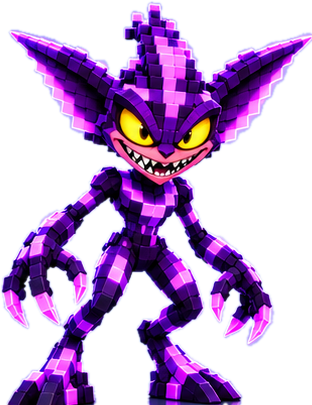 A Hexling: a wiry purple pixel imp with pointed ears and a toothy grin.